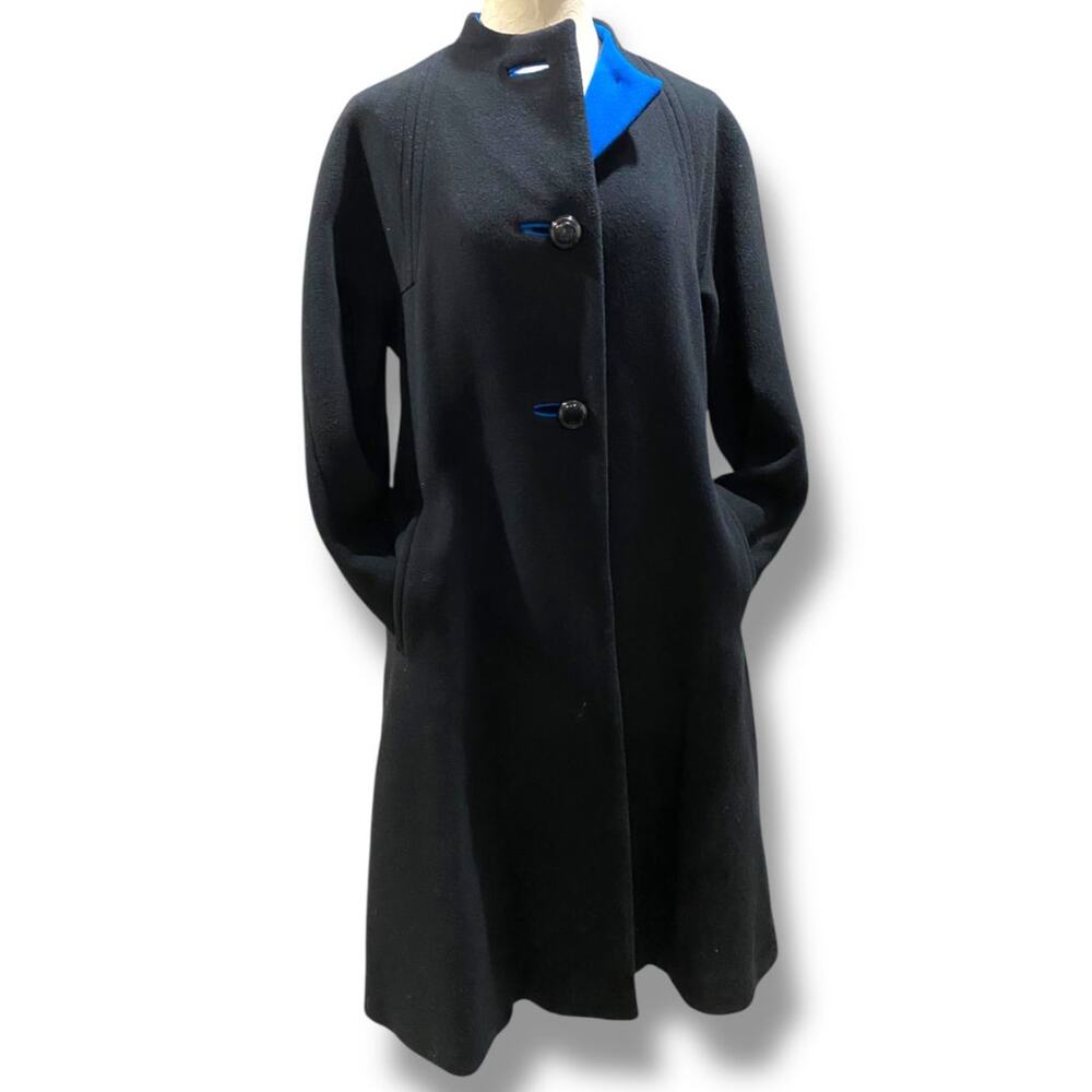 Size 12 A Trigere Coat Womens Black Blue Contrast Wool Classic 1980s